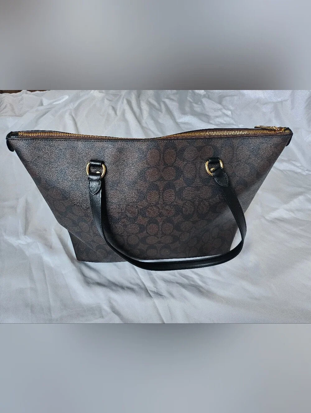 COACH Brown Signature Canvas Tote with Black Leather Straps
